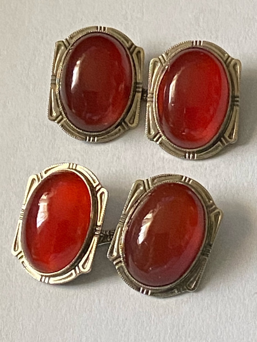 14K White Gold Art Deco Carnelian Cufflinks